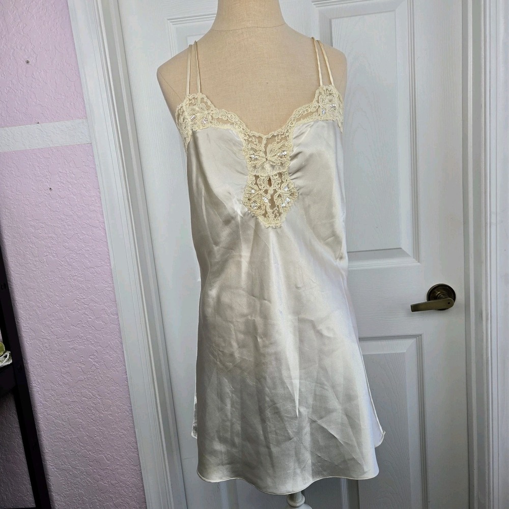Victoria's Secret Vtg Gold Label Satin Bridal Slip Dress Chemise Beaded Size M